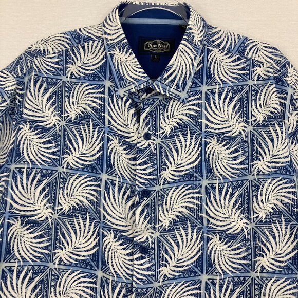 Nat Nast Blue White Leaf Print Silk Cotton Blend Short Sleeve Button Down Large - Picture 4 of 12